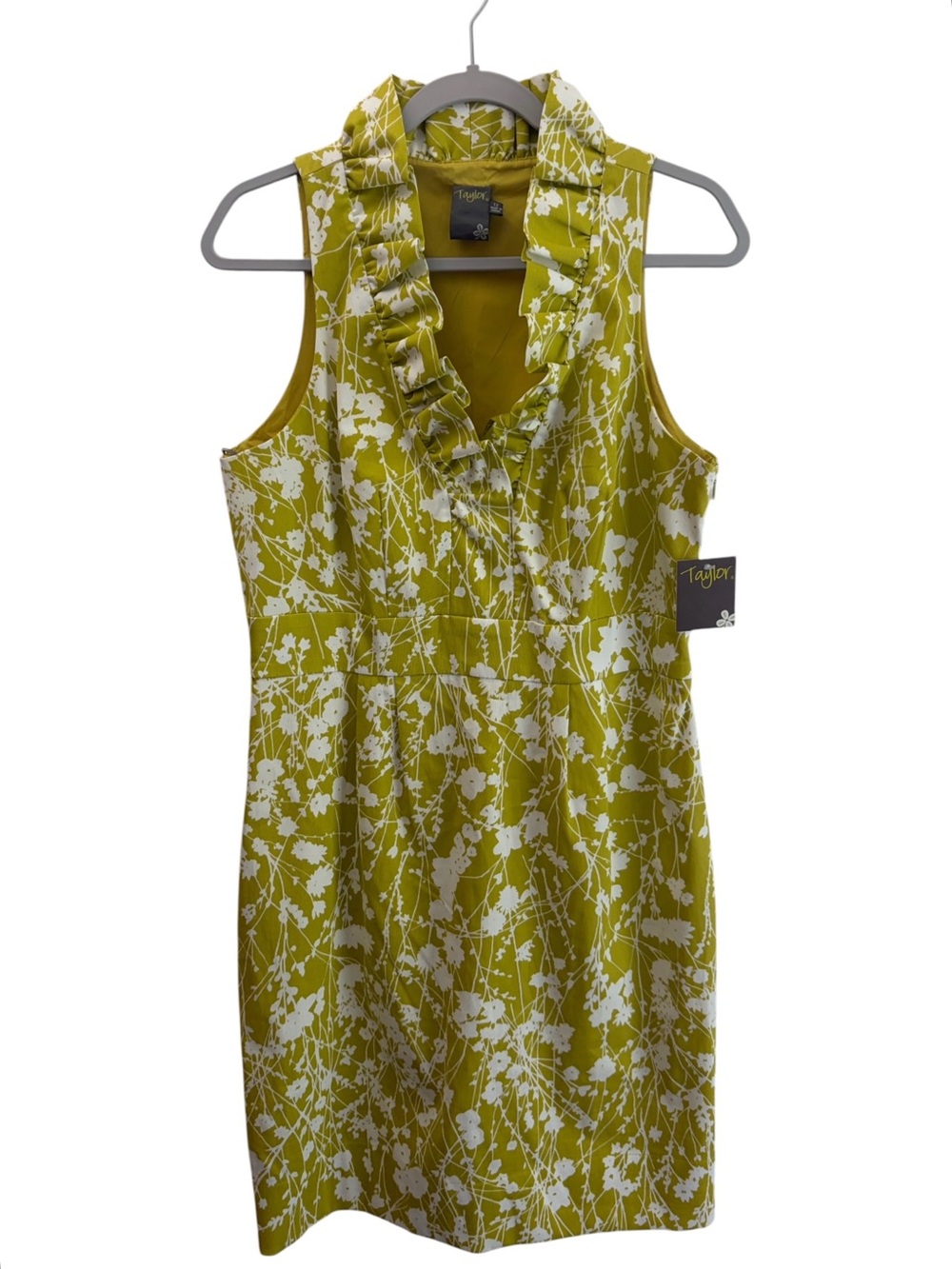 NWT Taylor Resortwear Chartreuse Floral Ruffle V-Neck Mini Pencil Dress Wedding